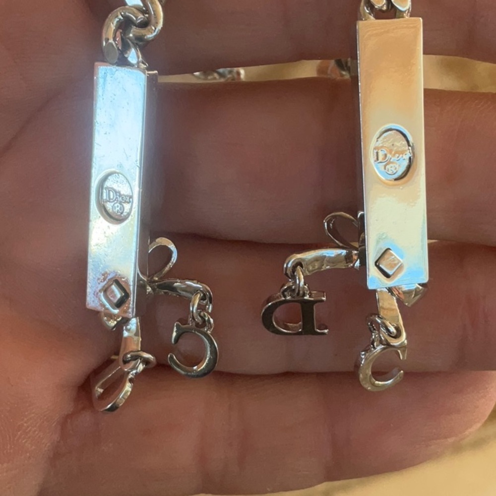 AUTH VTG Christian Dior Silver Long Chain Pink Enamel Nameplate Logo Earrings - Picture 8 of 12